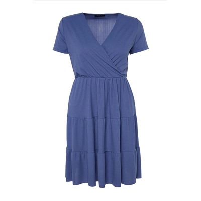 Indigo V -neck Volan вязание платье большого размера TBBSS23AH00030