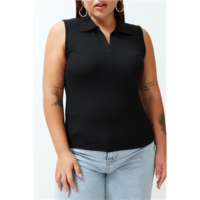 Черный приспособлен/сидит на кузовом воротнике гибкий вязание Big Size Blouse TBBSS24AF00065