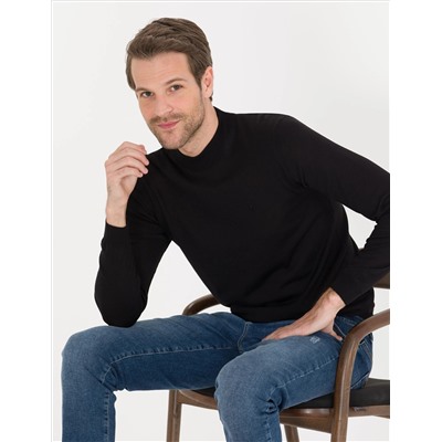 Black Slim Fit Bato Yaka Wool Смешанный базовый вязаный свитер