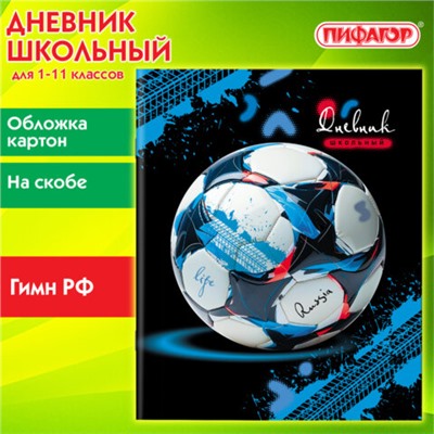 Дневник 1-11 класс 40 л., на скобе, ПИФАГОР, обложка картон, Футбол, 107136