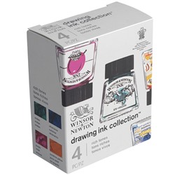 Набор туши художественной Winsor&Newton для рисования, 04цв. (ультрамарин, пурпурный, желт. канареечный, виридиан), 14мл, стекл. флакон, в картонной к
