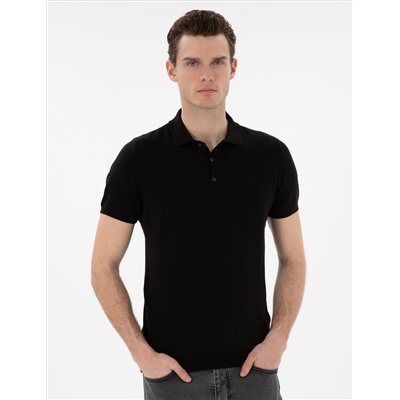 Black Slim Fit Button Polo Yaka Knitwear T -Fork