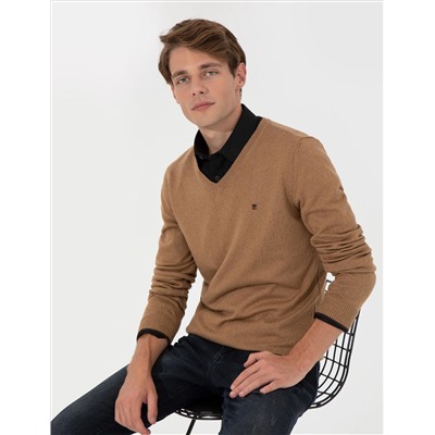 Camel Melange Slim Fit V-образный свитер с V-образным вырезом Базовый трикотажный