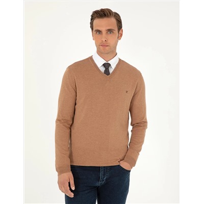 Camel Melange Slim Fit V-образный свитер с V-образным вырезом Базовый трикотажный