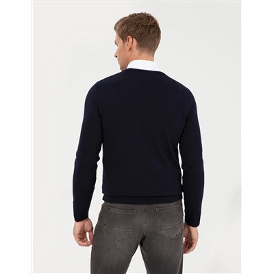 Темно -синий Slim Fit V Шея Основной вязаный свитер