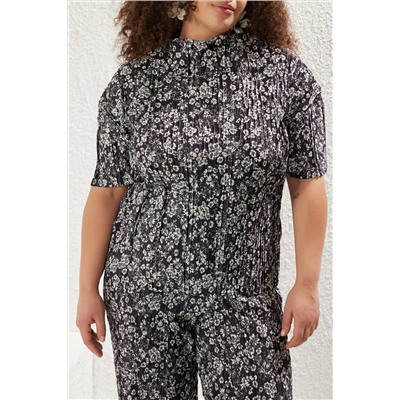 Black Flower Patterned Cattern вязание блузки большого размера TBBSS25AF00084