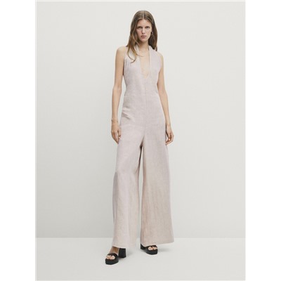 Linen blend halter jumpsuit