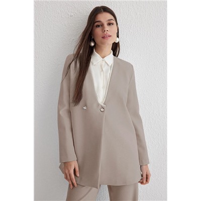Beige Pearl Detail Jacket-Pantolone Плетена