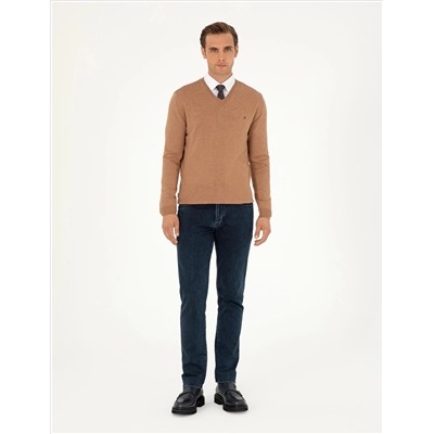 Camel Melange Slim Fit V-образный свитер с V-образным вырезом Базовый трикотажный