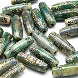 Бусины Дзи "Вены дракона" из агата бочонок 10*30мм цв.зеленый, 1 бусина