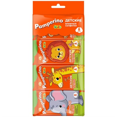 Детские влажные салфетки Pamperino Kids с экстрактом ромашки и витамином Е, mix, 8 шт