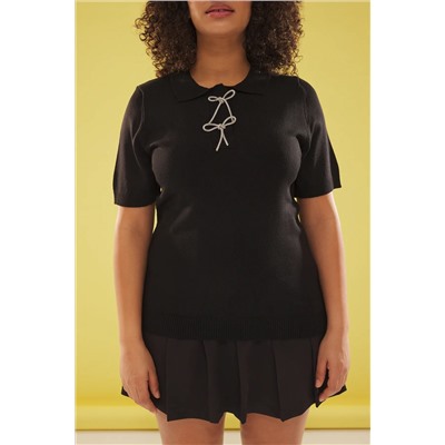 Черный поло яка лук лук/лента деталь Triko Blouse