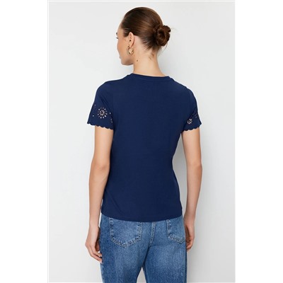 Navy Blue Brode Detred Обычный/базовый вязаный вязание плесени TWOSS24TS00068