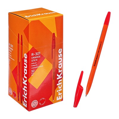 Ручка шариковая ErichKrause R-301 Orange Stick, узел 0.7 мм, чернила красные, длина линии письма 2000 метров, штрихкод на ручке