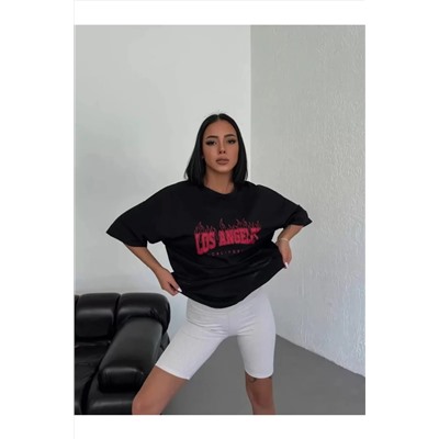 Футболка Oversize с круглым вырезом унисекс с принтом - черная