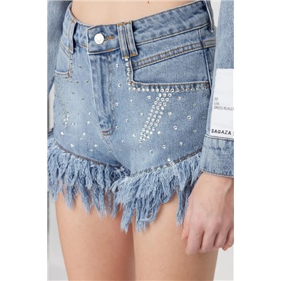 X Sagaza Studio Blue Stone Printed Denim Shorts tclss23sr00000