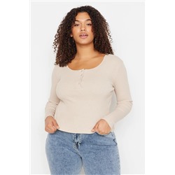 Beige Bool воротники детализированные вязание урожая Big Size Blouse TBBAW23AF00030