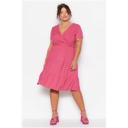 Fuchsia v -neck Volan вязание платье большого размера TBBSS23AH00030