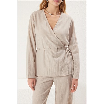 Берег Beige Cruve Подробные блузки и брюки, сплетенные, перевернутые набор Twoss25au00042