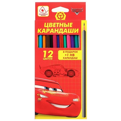 Цветные карандаши, 12 цветов, трехгранные, «Тачки»