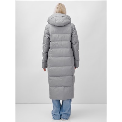 Пальто утепленное стеганное зимнее с капюшоном женское серого цвета 9620Sr