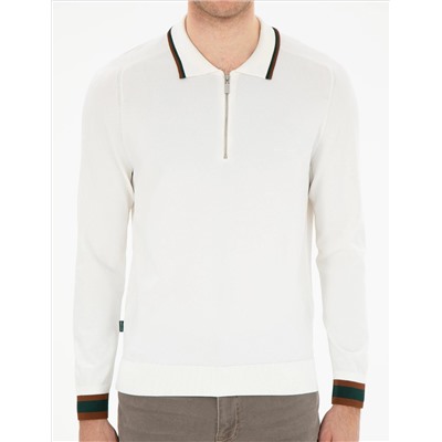 Ekru Slim Fit Zippered polo yaka sipe Смешанный вязаный свитер