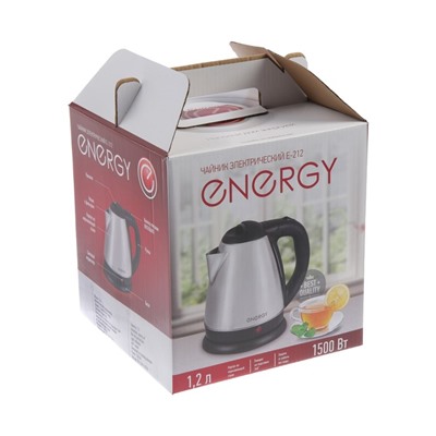 Чайник электрический ENERGY E-212, металл, 1.2 л, 1500 Вт, серебристый