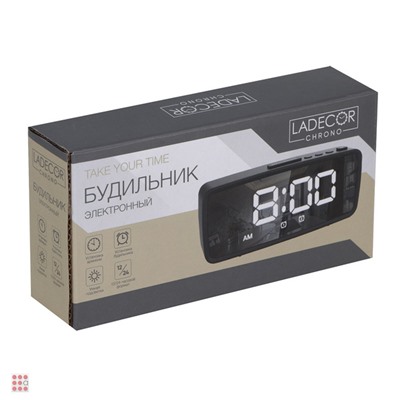 LADECOR CHRONO Будильник электронный, 14x5,7 см, USB/3xAAA, пластик, цвет черный, арт.2