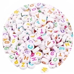 Бусины Английские буквы/ цв.белый-разноцветный/ 4х7мм/ уп.500г/ фас.1уп.