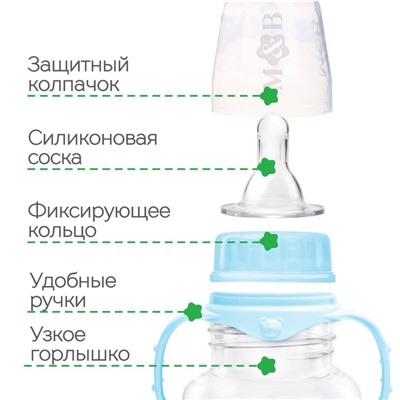Бутылочка для кормления M&B «Сыночек», классическое горло, с ручками, от 3 мес., 250 мл., голубой