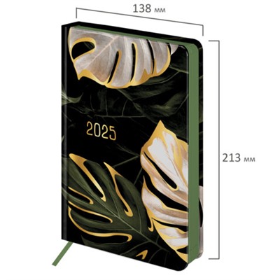 Ежедневник датированный 2025 А5 138x213 мм, BRAUBERG "Vista", под кожу твердый, "Листья", 115877