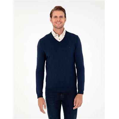 Открытый темно -синий Slim Fit V Neck Basic вязаной свитер