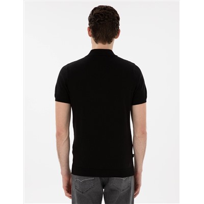 Black Slim Fit Button Polo Yaka Knitwear T -Fork