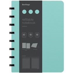 Бизнес-тетрадь А5+, 80л., Berlingo "Instinct", клетка, на кольцах, с возм. зам. блока, 80г/м2, пластик. (полифом) обл., линейка-заклад., мятный/чер.