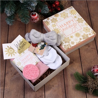 Набор подарочный новогодний "Happy holidays" полотенце и аксессуары (6 предметов)