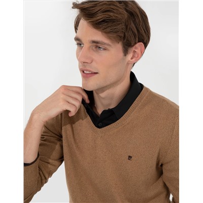 Camel Melange Slim Fit V-образный свитер с V-образным вырезом Базовый трикотажный