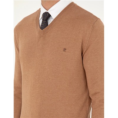 Camel Melange Slim Fit V-образный свитер с V-образным вырезом Базовый трикотажный