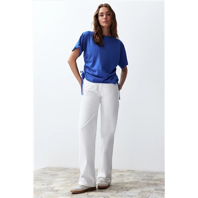 Saks 100 %хлопок обратно отпечатано Shirred негабаритный/широкий нарезанный велосипедный воротник футболка Twoss23ts00150