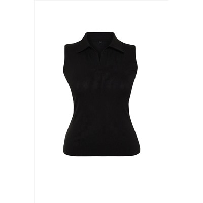 Черный приспособлен/сидит на кузовом воротнике гибкий вязание Big Size Blouse TBBSS24AF00065