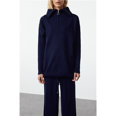 Navy Blue Zippper в вертикальном воротнике трикотаж сзади набор Twoaw25au00025
