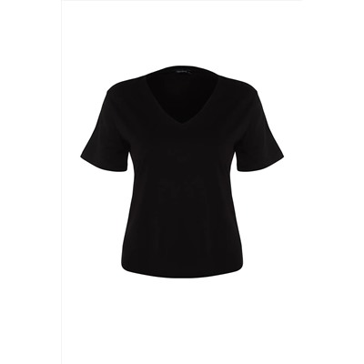Black V-образное базовое 100 %хлопковое вязание футболка TBBSS22BF0028