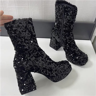 ⭐️Женские ботинки из пайеток на устойчивом каблуке