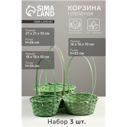 Набор корзин плетёных, 3 шт., 21×21×10 см, 18×18×10 см, 16×16×10 см, бамбук, зелёная