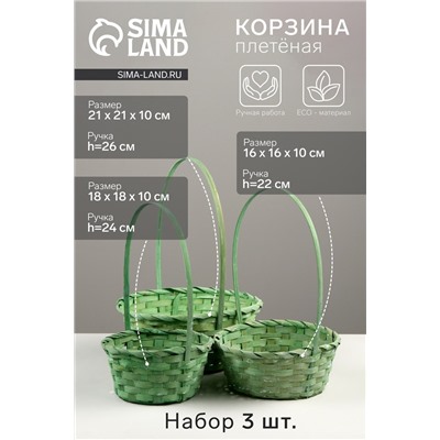 Набор корзин плетёных, 3 шт., 21×21×10 см, 18×18×10 см, 16×16×10 см, бамбук, зелёная