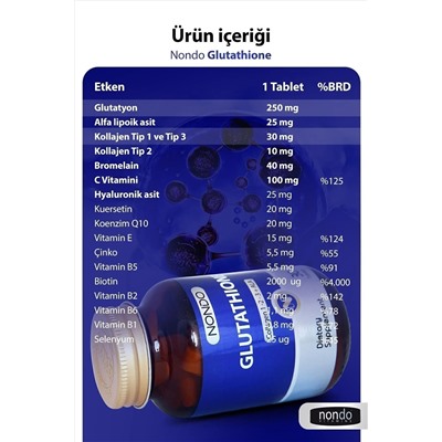 Nondo Glutathione 30 таблеток Глутатион Коллаген 1-2-3 Альфа-липоевая кислота Бромелайн Гиалуроновая кислота