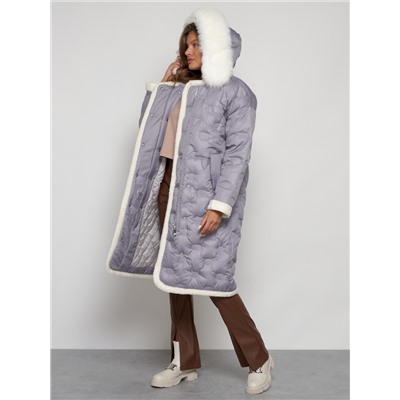 Пальто утепленное с капюшоном зимнее женское серого цвета 132290Sr