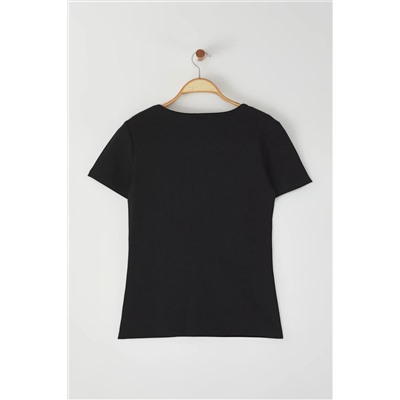 Black v -yaka Shirring Detailed CashCorere Блузя большого размера TBBSS25AF00054