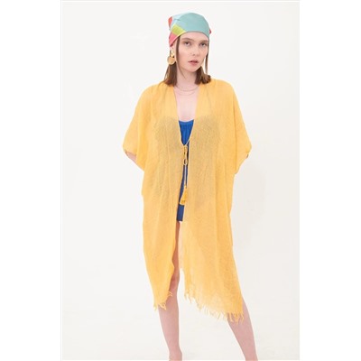 Женское длинное хлопковое кимоно горчичного цвета, парео Pr11200