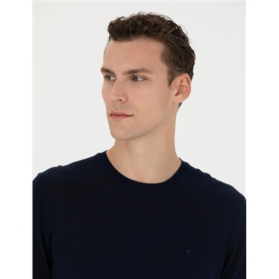 Navy Blue Slim Fit Bike Worke Wool Смешанный базовый вязаный свитер