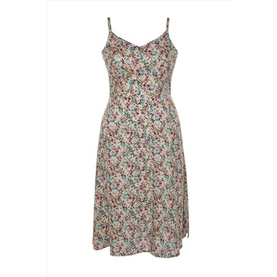 Бежевый цветок v -neck тканый регулируемый ремешок с длинным платьем tbbss22ah0055